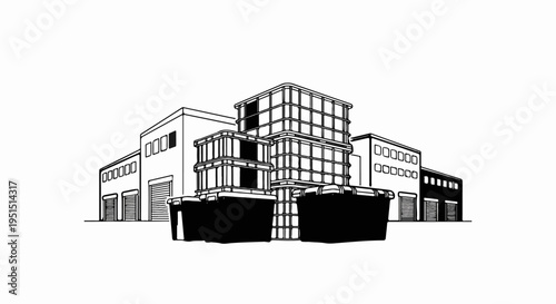 Industrial buildings with stacked storage containers in foreground