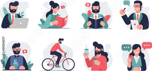 Flat illustrations of people engaged in work, leisure, and communication activities