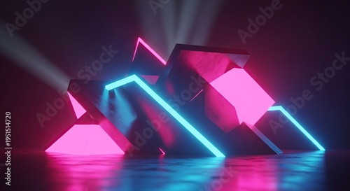 Abstract geometric shapes with neon lights and dark background.