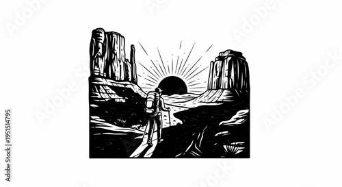 Hiker walks towards a majestic desert sunrise with sun rays