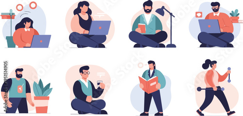 Diverse individuals engage in various activities like working, reading, and exercising