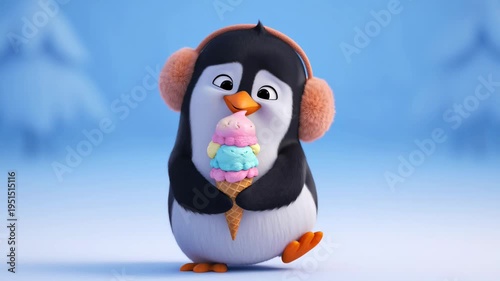 Cute penguin enjoys ice cream in winter wonderland wearing earmuffs adorable 3d character animation