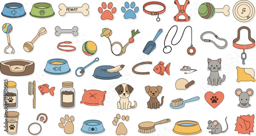 Cartoon Pet Care Icon Collection with Bowls Bones Paw Prints Toys Collars Grooming Tools and Animal Accessories for Vector Design