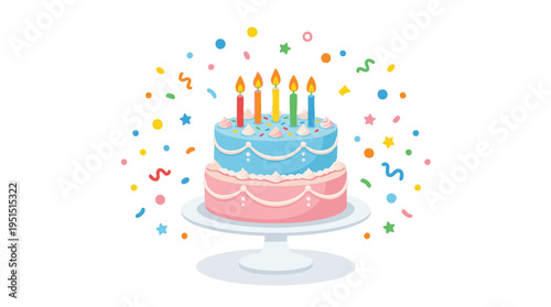 Festive two-tier birthday cake adorned with colorful candles and confetti, a delightful celebration centerpiece