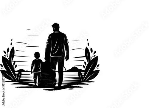 Father and son silhouette by the water, surrounded by plants