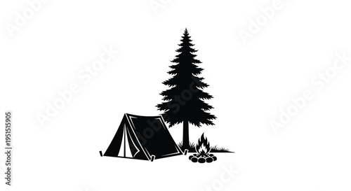 A black silhouette illustration depicts a tall pine tree, an A-frame tent, and a burning campfire on a white background.