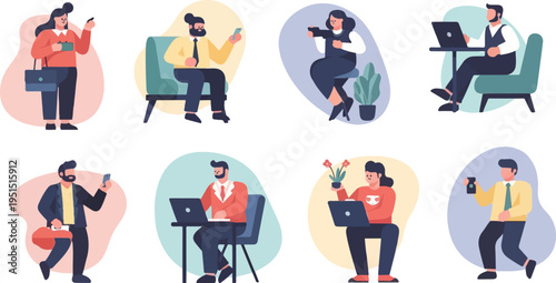 Diverse group of individuals engaged in various activities on their devices