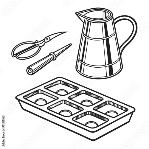 Gardening and home brewing icons: watering can, scissors, tray, and container