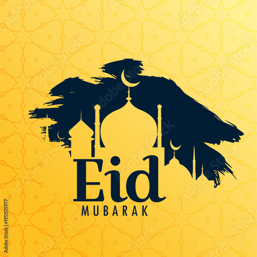 Golden yellow background design featuring dark silhouette of mosque architecture and crescent moons powerfully overlaid with a bold black brush stroke element wishing everyone a blessed Eid Mubarak ce