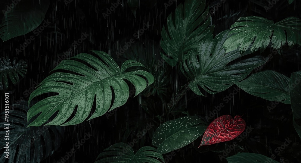 Fototapeta premium layered tropical leaves and anthurium in rainforest heavy rainfall