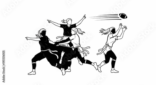 Dynamic illustration of women playing a fast-paced game of flag football