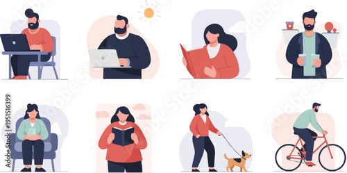 Diverse individuals engage in various activities, including work, leisure, and recreation