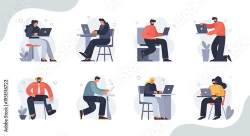 Diverse individuals working on laptops in a modern, minimalist style