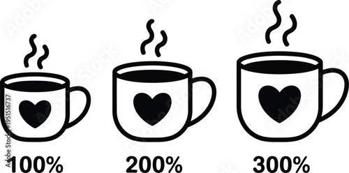Cute coffee cups with heart symbol and scaling percentages