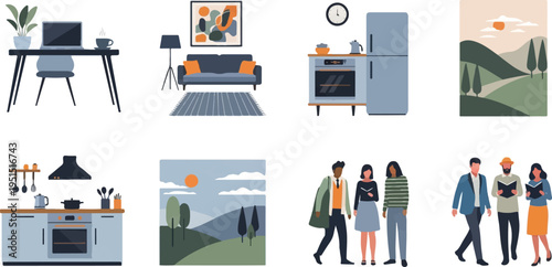 Diverse lifestyle scenes home interiors, kitchens, and people reading