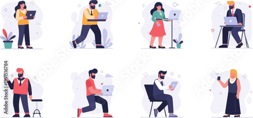 Diverse people engaged in various activities with laptops and mobile devices