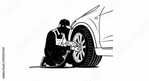 Mechanic crouches, using a power tool to service a car tire