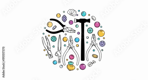 Handmade jewelry creation tools and colorful beads arranged in a circle