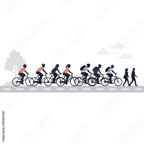 Group of cyclists riding bicycles fast.