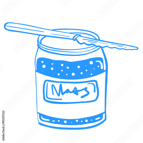 An open glass jar of jam. A jar of jam and a sandwich knife for breakfast. Cartoon kitchen linear doodle sketch. Mediterranean lineart style blue vector illustration.