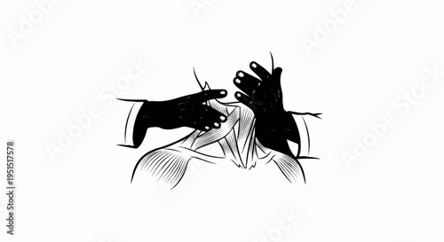 Two hands massaging the neck and shoulder muscles, black and white illustration