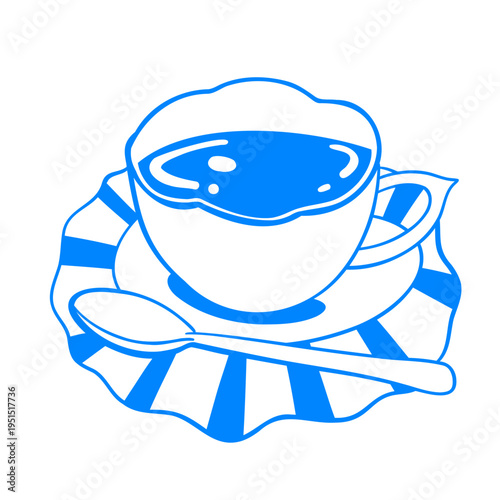 Cute striped vintage tea set. A cup of tea on a plate with a spoon from a vintage tea set. Cartoon linear doodle sketch. Mediterranean lineart style blue vector illustration.