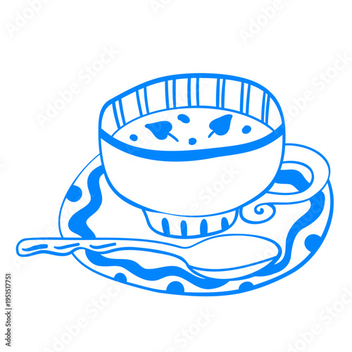 A cute vintage tea set. A cup of tea on a plate with a spoon from a vintage tea set. Cartoon linear doodle sketch. Mediterranean lineart style blue vector illustration.