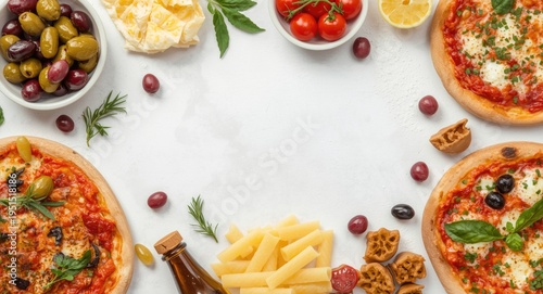 Wallpaper Mural Flat surface showcasing Italian antipasto olives pizza and pasta with copy space for text Torontodigital.ca