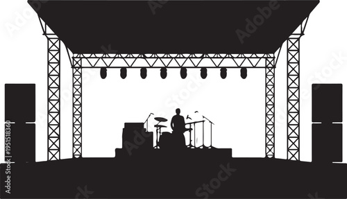 Black silhouette of musician on stage with drum set and microphones