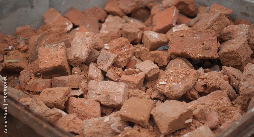 Fototapeta premium Close-up of red brick rubble in a metal waste container highlighting building demolition process