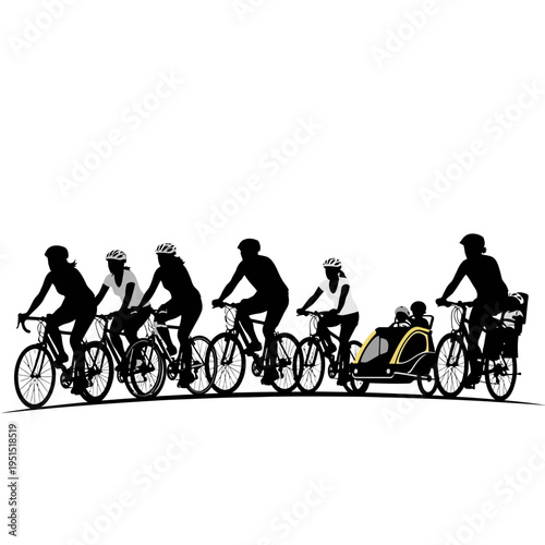 Silhouette of cyclists riding bicycles together.
