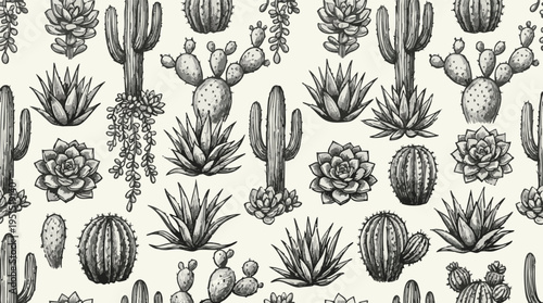 Seamless hand-drawn illustration of various desert succulents and cacti in a repeating pattern