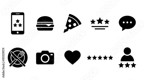 A set of black icons representing ratings, food, social media, and communication on a white background, suitable for use in digital marketing, advertising, and web design.