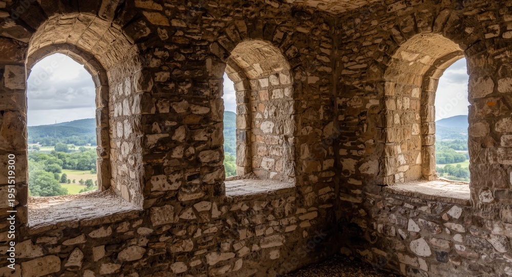 Obraz premium Historic castle interior featuring a rustic stone wall with three arched windows revealing scenic natural landscapes