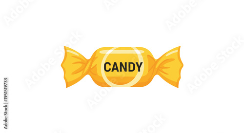 A single yellow-wrapped candy with the word CANDY printed in black letters is centrally positioned against a plain white background.