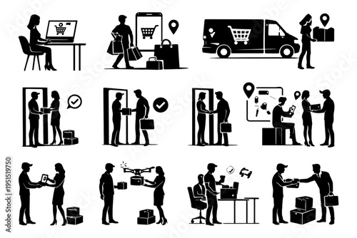 Online shopping and delivery process silhouettes featuring men and women.