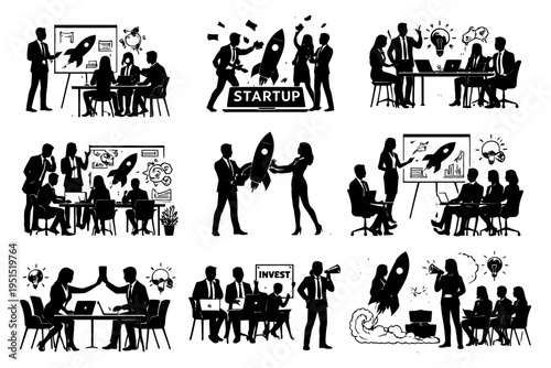 Business team collaborating on startup launch project in office meeting.