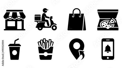 A collection of black and white icons representing food delivery and online ordering concepts, suitable for marketing materials, websites, and mobile applications.
