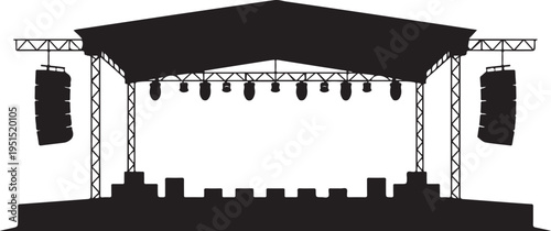 Black silhouette of outdoor stage with roof and lighting