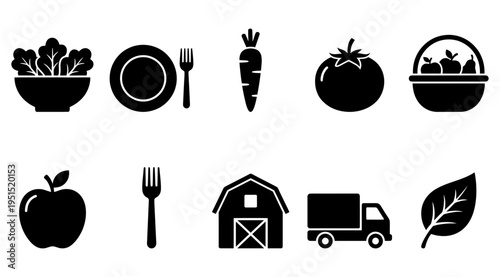 a collection of black icons representing food, farming and delivery on a white background, suitable for use in marketing materials, websites and educational resources