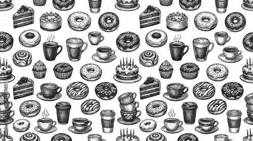Seamless pattern of hand-drawn donuts, cakes, and coffee cups in black and white