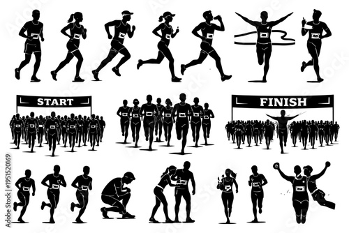 Silhouette marathon: runners racing to the finish line.