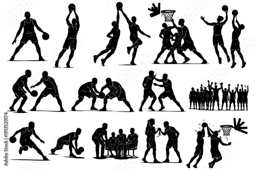 Basketball silhouettes showing team dynamics and action.