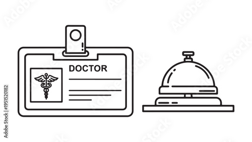 Doctor ID card and medical service desk line icon illustration for healthcare administration concept