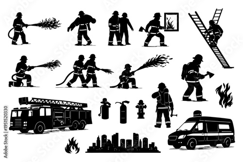 Silhouettes of firefighters and equipment in various action poses.