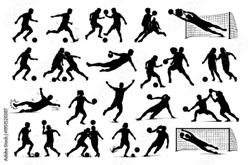 Dynamic soccer silhouettes of players in action on the field.