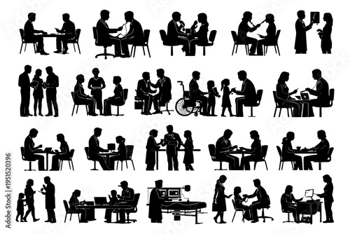 Silhouette illustrations of diverse office interactions and professional collaborations.