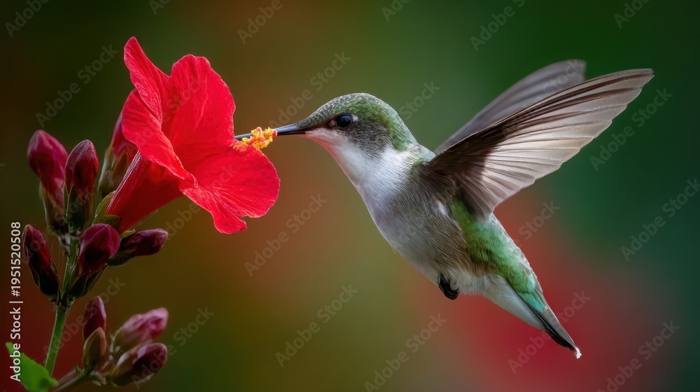 Obraz premium Ruby-throated hummingbird in mid-air feeding on a vibrant red hibiscus flower