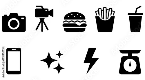 a collection of black icons representing food, technology, and media on a clean white background, suitable for use in design, advertising, and educational materials