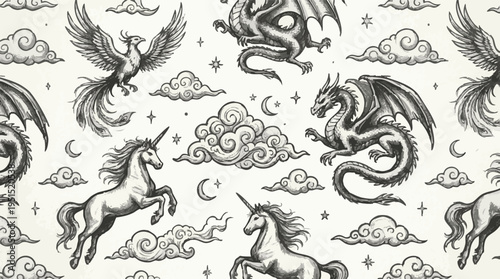 Enchanting Seamless Pattern of Mythical Creatures Dragons and Unicorns in a Celestial Dreamscape